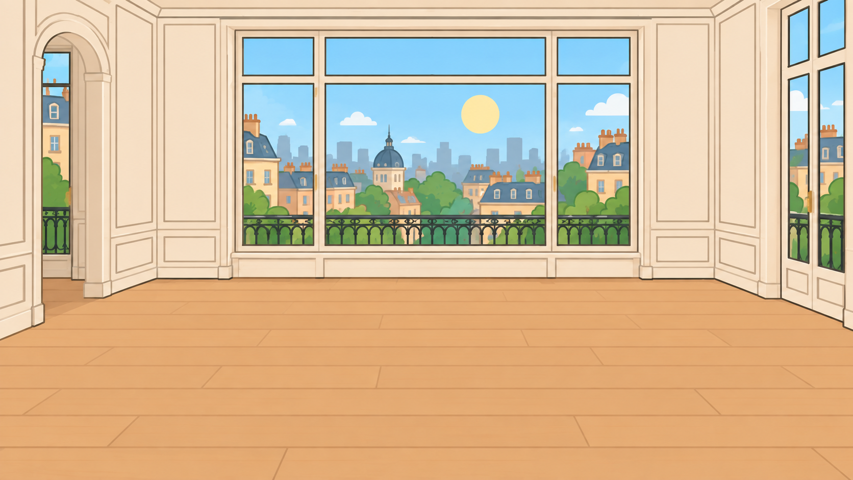 A bright flat-cartoon city apartment with sunlit windows